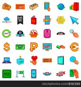 Black friday icons set. Cartoon style of 36 black friday vector icons for web isolated on white background. Black friday icons set, cartoon style
