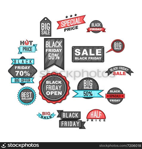Black Friday icons set in cartoon style. Black Friday labels and badges set collection vector illustration. Black Friday icons set, cartoon style