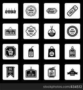 Black Friday icons set in white squares on black background simple style vector illustration. Black Friday icons set squares vector