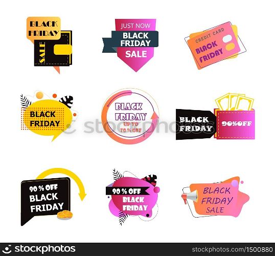 Black Friday icons set vector. Color, fluid banners collection of coins back. Online sale and payments, purchases on websites. Promotion badges for store, company, business.. Black Friday icons set vector. Color, fluid banners collection of coins back. Online sale and payments, purchases