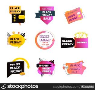 Black Friday icons set vector. Color, fluid banners collection of coins back. Online sale and payments, purchases on websites. Promotion badges for store, company, business.. Black Friday icons set vector. Color, fluid banners collection of coins back. Online sale and payments, purchases