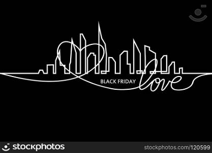 Black Friday in the City: the Perfect Sale. White Ribbon Banner in Flat Style on a Black Background with an Abstract City Skyline and heart and text love. Vector Illustration.. Black Friday in the City: the Perfect Sale. White Ribbon Banner in Flat Style on a Black Background with an Abstract City Skyline and heart and text love. Vector Illustration