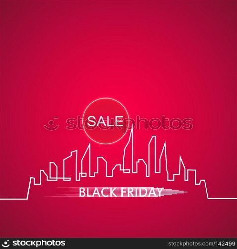 Black Friday in the City the Perfect Sale. White Ribbon Banner in Flat Style on a pink Background with an Abstract City Skyline. Vector Illustration.. Black Friday in the City the Perfect Sale. White Ribbon Banner in Flat Style on a pink Background with an Abstract City Skyline. Vector Illustration