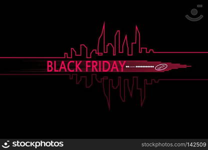 Black Friday in the City the Perfect Sale. White Ribbon Banner in Flat Style on a Black Background with an Abstract City Skyline. Vector Illustration.. Black Friday in the City the Perfect Sale. White Ribbon Banner in Flat Style on a Black Background with an Abstract City Skyline. Vector Illustration