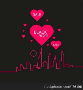 Black Friday in the City the Perfect Sale. White Ribbon Banner in Flat Style on a Black Background with an Abstract City Skyline and heart and text love. Vector Illustration.. Black Friday in the City the Perfect Sale. White Ribbon Banner in Flat Style on a Black Background with an Abstract City Skyline and heart and text love. Vector Illustration