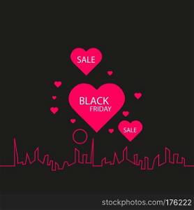 Black Friday in the City the Perfect Sale. White Ribbon Banner in Flat Style on a Black Background with an Abstract City Skyline and heart and text love. Vector Illustration.. Black Friday in the City the Perfect Sale. White Ribbon Banner in Flat Style on a Black Background with an Abstract City Skyline and heart and text love. Vector Illustration