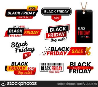 Black friday labels. Sale sticker for thanksgiving fridays sales, shopping tag shopper stickers, online cyber market shoppers label advertising designs. 2018 vector isolated icons set. Black friday labels. Sale sticker for thanksgiving fridays sales, shopping tag stickers label designs vector set