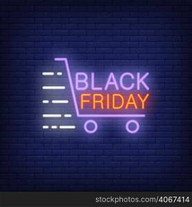 Black Friday neon sign with shopping trolley in motion. Night bright advertisement. Vector illustration for retail, sale, promotion, advertising design