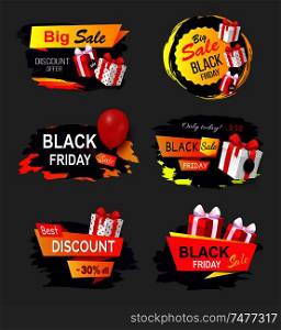 Black Friday offers and sales banners gifts set vector. Sellout of exclusive products with reduction of price, gifts and inflatable balloons clearance. Black Friday Offers and Sales Banners Gifts Set