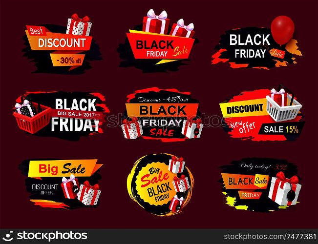 Black Friday offers and sales banners gifts set vector. Sellout of exclusive products with reduction of price, gifts and inflatable balloons clearance. Black Friday Offers and Sales Banners Gifts Set