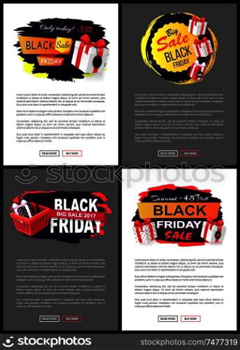 Black friday, offers and sales from shops stores vector. Web pages with text sample, presents in shopping basket, gifts and bows made of decor ribbons. Black Friday, Offers and Sales from Shops Stores