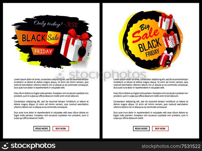 Black friday, offers and sales from shops stores vector. Web pages with text sample, presents in shopping basket, gifts and bows made of decor ribbons. Black Friday, Offers and Sales from Shops Stores