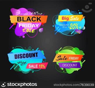 Black Friday offers vector, banners with stripes and promotional text, abstract design, 20 percent off price, proposition from markets and shops set. Stickers for black friday sale. Black Friday Discounts and Sales Banners with Offers