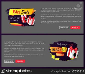 Black Friday presents boxes and gifts, balloon and basket with bought items. Price reduction web sites. Discount and offer on autumn event vector. Black Friday Presents Boxes and Gifts, Balloon