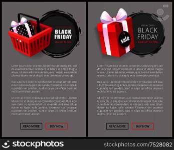 Black Friday price tags with shopping cart and gift box vector web page templates, creative card design. Autumn November total sale event with discounts. Black Friday Price Tags with Shopping Cart, Gifts