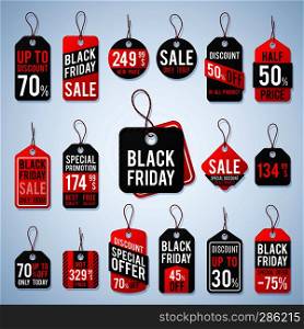 Black friday pricing tags and promotion labels with cheap prices and best offers. Retail vector sign, black friday sign sale, retail label offer promotion illustration. Black friday pricing tags and promotion labels with cheap prices and best offers. Retail vector sign