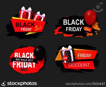 Black Friday promo labels with color balloons vector icons emblems. Sale tags, advertising badges with info about price reduction, discounts on goods. Black Friday Promo Labels, Color Balloons Vector
