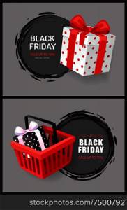Black Friday round labels, hot November total sale event with discounts. Price tags with shopping cart and gift box vector web page template, text. Black Friday Round Labels, Hot November Total Sale