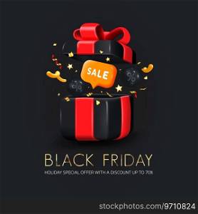 Black Friday sa≤poster or commercial discount event ban≠r on black background with glossy Gift Box, Shopπng bags and Sa≤tag. Social media template for website and mobi≤website, email and≠ws≤tter design, marketing material. Vector Illustration