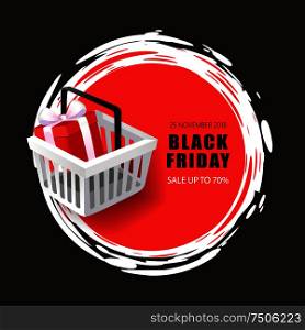 Black Friday sale, 70 percent price reduction vector. Present in shopping basket with text sample, giftbox with decoration ribbon. Seasonal discounts. Black Friday Sale, 70 Percent Price Reduction