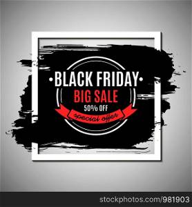Black friday sale advertisement, banner with rough ink stroke, emblem, vector illustration