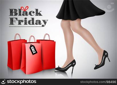 Black Friday sale background with elegant shopping woman and red bags. Vector