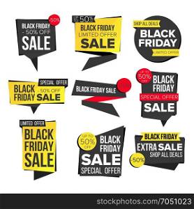 Black Friday Sale Banner Set Vector. Discount Tag, Special Friday Offer Banner. Special Offer Black Templates. Best Offer Advertising. Isolated Illustration. Black Friday Sale Banner Set Vector. Discount Banners. Friday Sale Banner Tag. Black Price Tag Labels. Isolated Illustration