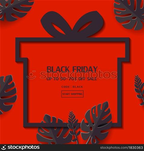 Black friday sale banner template with tropical leaves on red background for advertising,shopping online or discount promotion,vector illustration