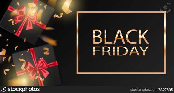 Black Friday Sale banner with realistic black gifts boxes.