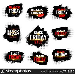 Black friday sale banners, weekend shop offer and promo labels with halftone. Isolated grunge vector emblems with black rough scratched edges and dotted half tone pattern. Grungy dirty promotional set. Black friday sale banners, weekend shop offer