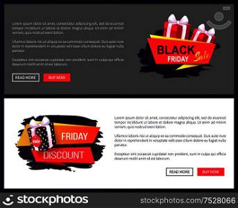 Black Friday sale, banners with presents in boxes vector. Discounts and special prices, reductions and surprises, autumn sellout on online sites templates. Black Friday Sale, Banner with Presents in Boxes
