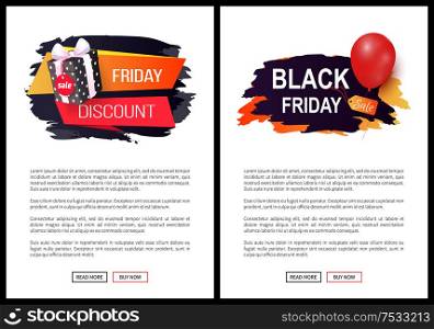 Black Friday sale, banners with presents in boxes vector. Discounts and special prices, reductions and surprises, autumn sellout on web posters with text. Black Friday Sale, Banners with Presents in Boxes