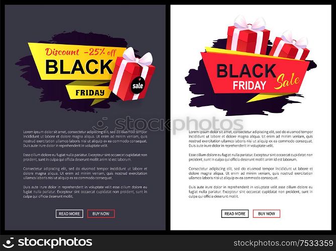 Black Friday sale, banners with presents in boxes vector. Discounts and special prices, reductions and surprises, autumn sellout on web posters with text. Black Friday Sale, Banner with Presents in Boxes