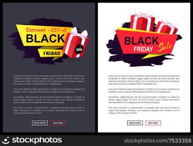 Black Friday sale, banners with presents in boxes vector. Discounts and special prices, reductions and surprises, autumn sellout on web posters with text. Black Friday Sale, Banner with Presents in Boxes