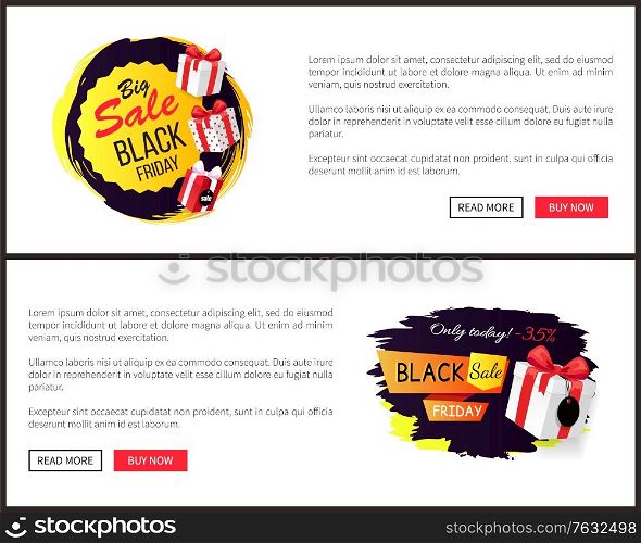Black Friday sale, banners with presents in boxes vector. Discounts and special prices, reductions and surprises, autumn sellout on online sites templates. Black Friday Sale, Banner with Presents in Boxes