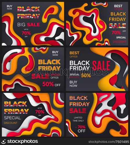 Black friday sale, best offer of autumn season vector. Discounts and prices, sellout clearance of shops market. Seventy and fifty percent reduction. Black Friday Sale, Best Offer of Autumn Season