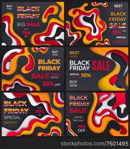 Black friday sale, best offer of autumn season vector. Discounts and prices, sellout clearance of shops market. Seventy and fifty percent reduction. Black Friday Sale, Best Offer of Autumn Season