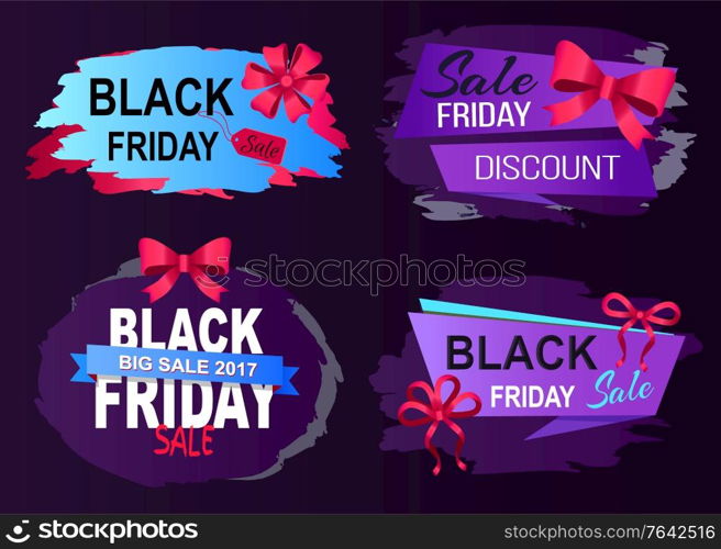 Black friday sale, big discounts and offers in shop and store. Lower price on products, good deals for shopping. Designed captions on labels, banners with promotion. Vector illustration in flat style. Black Friday Sale, Labels with Captions, Promotion