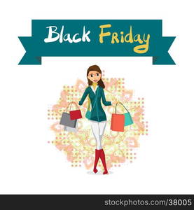 Black Friday sale design template. Black Friday banner with woman holds shopping bags. Vector flat cartoon illustration