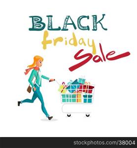 Black Friday sale design template. Black Friday banner with young blonde woman running with a trolley. Vector flat cartoon illustration