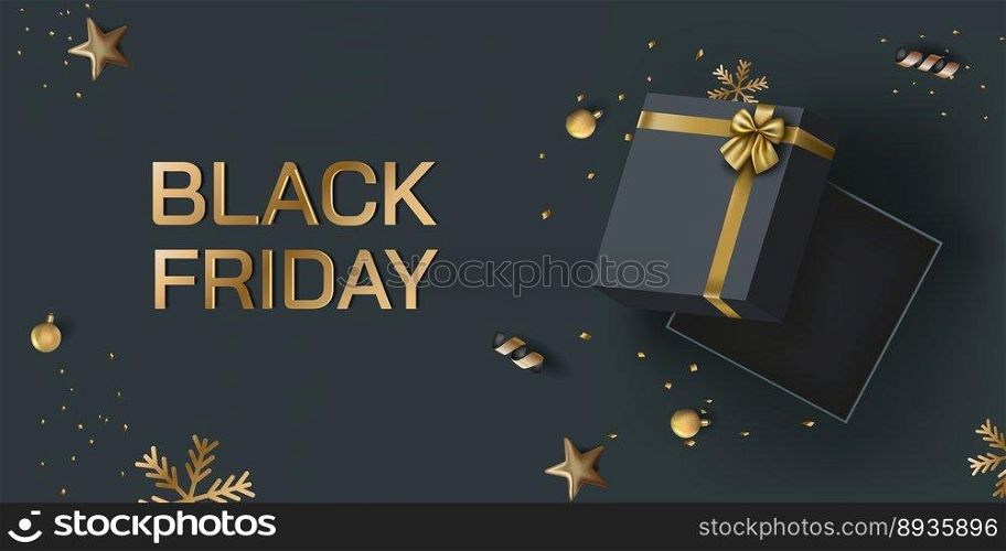 Black friday sale, gift box. Gold christmas present, 3d luxury birthday event coupon, noel render. Web banner background. Shopping discount poster template. Holiday Special offer. Vector card design. Black friday sale, gift box. Gold christmas present, 3d luxury birthday event coupon, noel render. Web banner background. Shopping discount poster template. Vector card design