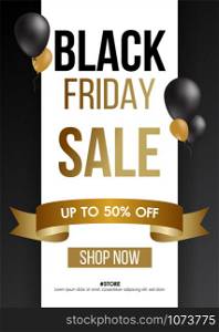 Black Friday sale gold background with balloons sale promo banner.Modern design layout template.Shopping day sale offer poster, flyer, card. Vector background.