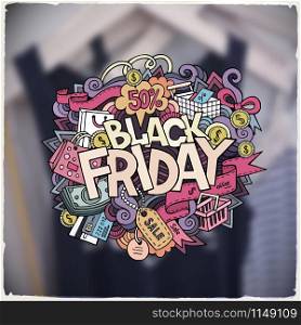 Black Friday sale hand lettering and doodles elements and symbols background. Vector blurred illustration. Black Friday sale hand lettering and doodles elements
