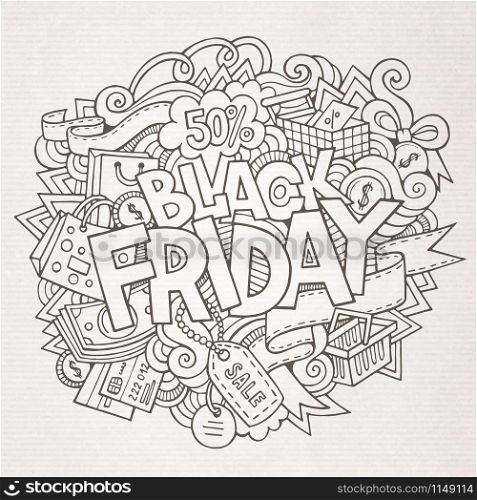 Black Friday sale hand lettering and doodles elements and symbols background. Vector hand drawn illustration. Black Friday sale hand lettering and doodles elements