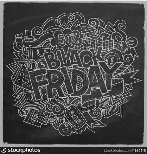Black Friday sale hand lettering and doodles elements and symbols background. Vector hand drawn illustration. Black Friday sale hand lettering and doodles elements