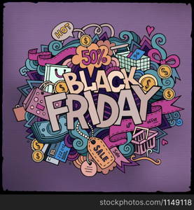 Black Friday sale hand lettering and doodles elements and symbols background. Vector hand drawn illustration. Black Friday sale hand lettering and doodles elements