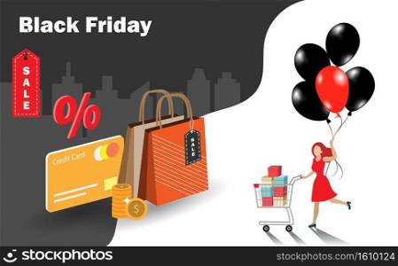 Black friday sale. Happy woman with shopping cart full of gift boxes holding black and red balloons with credit card and shopping bags. Poster, template design on sales event promotion concept.
