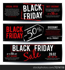 Black Friday sale horizontal advertising vector banners with black and red distressed brush texture. Sale and black friday card, banner illustration. Black Friday sale horizontal advertising vector banners with black and red distressed brush texture