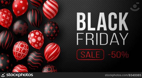 Black Friday Sale Horizontal Banner with Dark an red Shiny Balloons on black Background with Place for text. Vector illustration. 