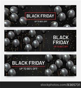 Black friday sale horizontal banners set. Flying glossy balloons with falling golden confetti. Discount for products in shop, big sale up to 90 percent off advertisement vector illustration. Black friday sale horizontal banners set. Flying glossy balloons with falling golden confetti with discount